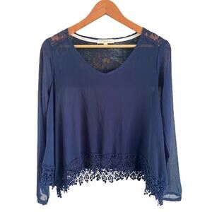Rewind Navy Blue Semi-Sheer Lace Crochet‎ Long Sleeve Loose Fit Blouse Sz Small